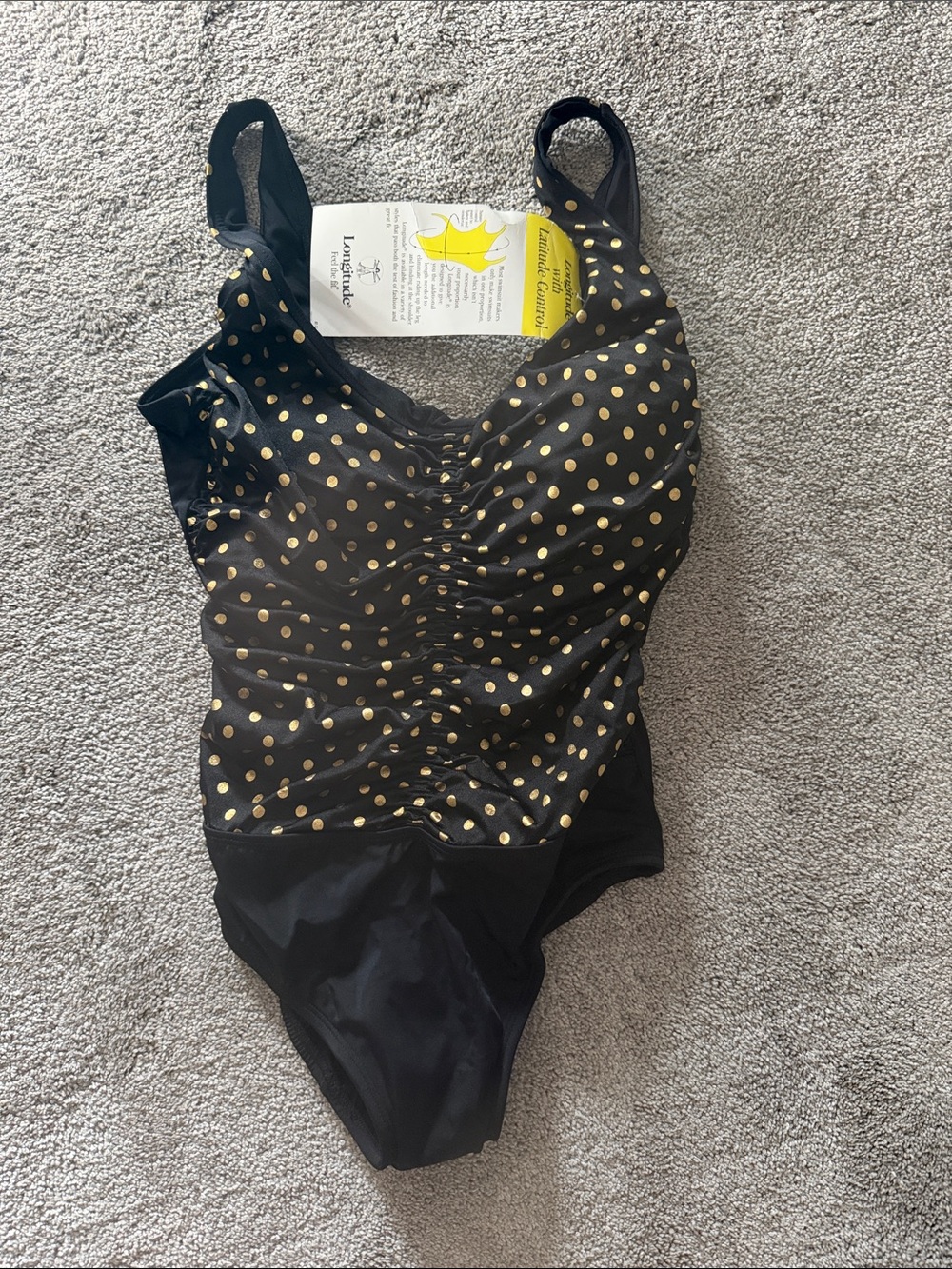 Longitude Slimming Black One-Piece Swimsuit with Gold Polka Dots Size 12 NWT